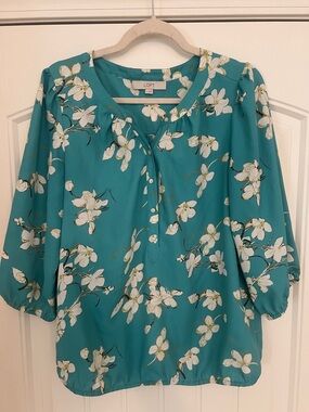 LOFT Women’s Teal Floral Button-Pintuck Floral Pattern 3/4 Sleeve Top Sz M